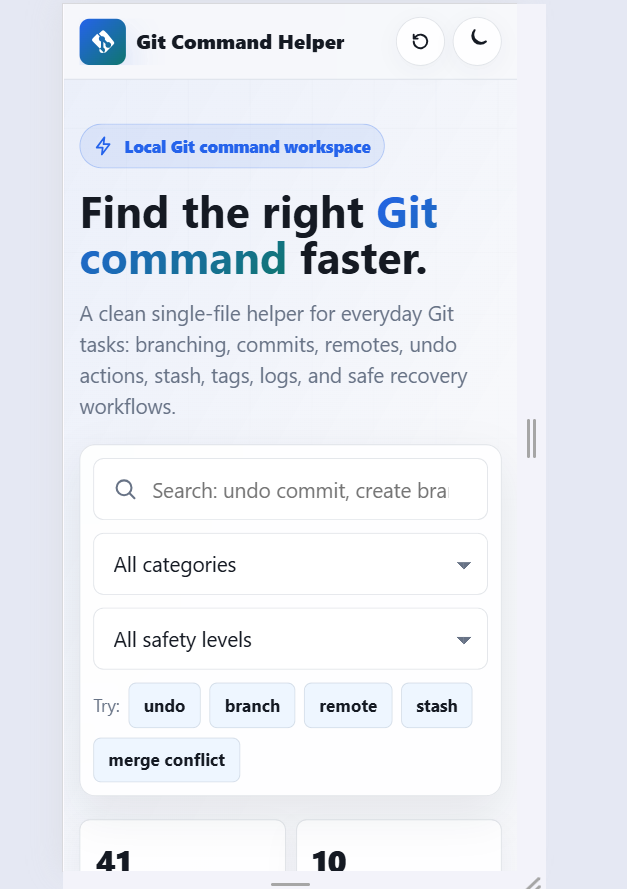 Git Command Helper app with searchable Git commands, command builder, copy buttons, favorites, and light/dark mode