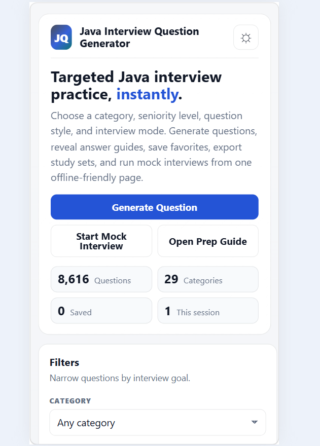 Java Interview Question Generator app with category filters, difficulty levels, and coding interview practice questions.