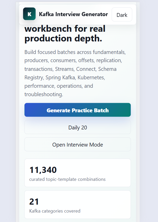 Kafka Interview Question Generator app with topic filters, question cards, answer guidance, and dark mode.