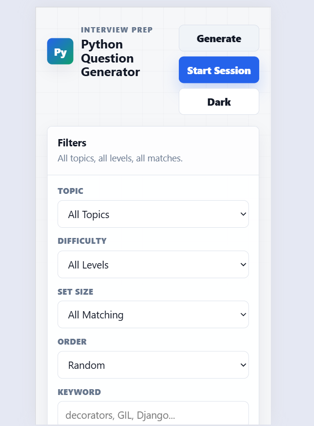 Python interview question generator app with filters, answers, favorites, and interview practice mode