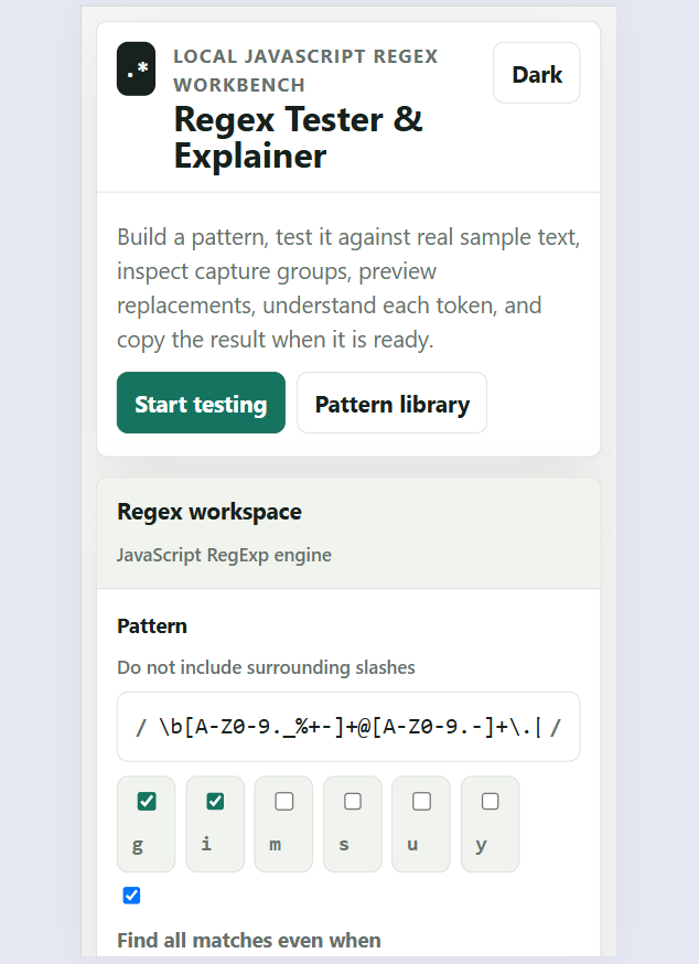Regex tester and explainer tool showing pattern input, match highlighting, capture groups, and practice questions