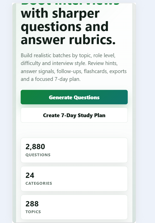 Spring Boot interview question generator app with category filters, mock interview practice, hints, and study tools