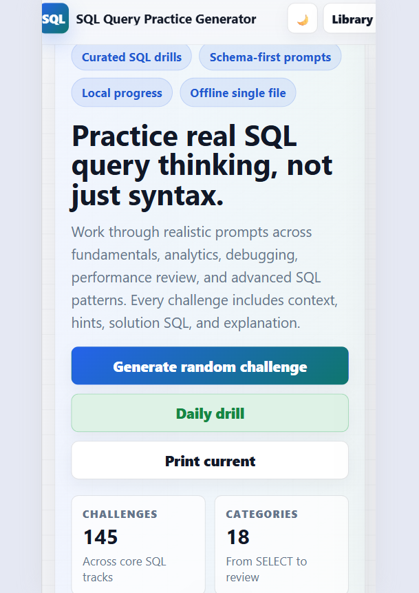 SQL query practice generator app with categorized SQL challenges, hints, solutions, and progress tracking