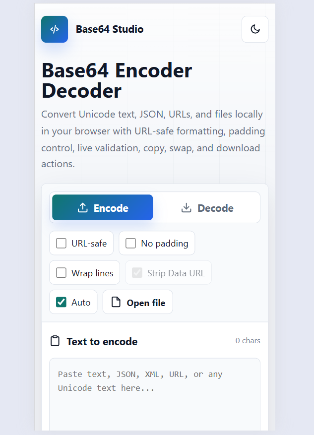 Base64 Encoder Decoder tool interface for encoding and decoding text, JSON, URLs, and file data