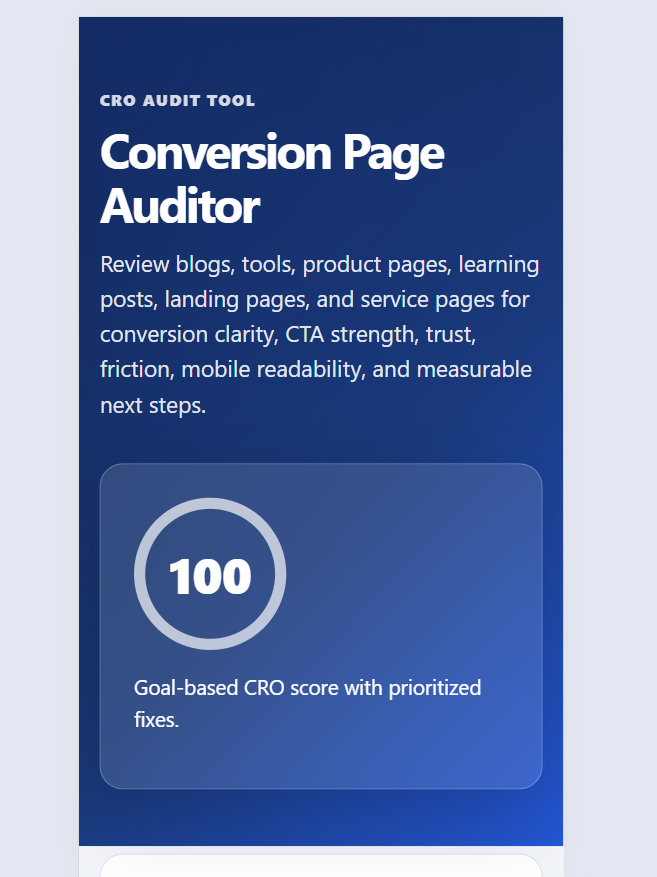 CRO audit tool dashboard showing page conversion score, CTA checks, trust signals, and improvement suggestions