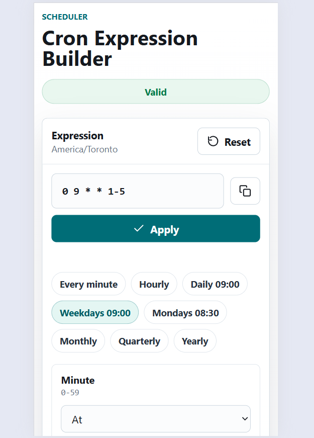 Cron expression builder interface with schedule fields, validation, presets, and next run preview