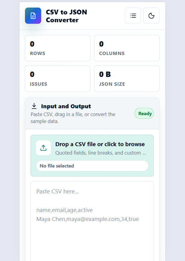 CSV to JSON Converter app with input, preview, and JSON export options