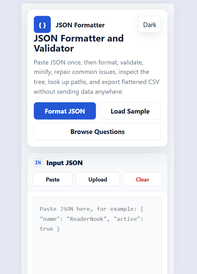 JSON formatter and validator tool with code editor, validation results, and dark mode interface
