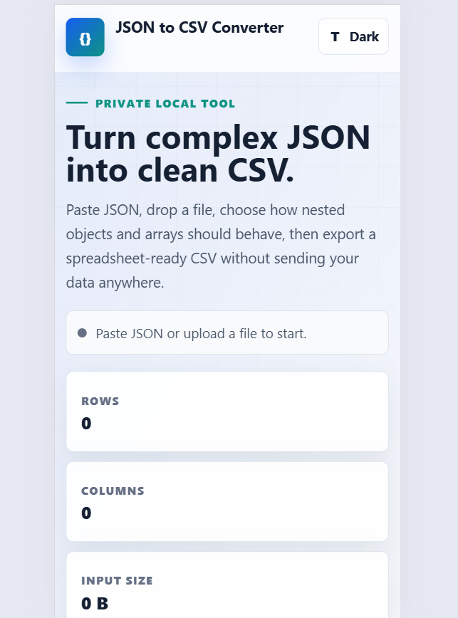 JSON to CSV Converter tool with JSON input, CSV output, preview, and download options