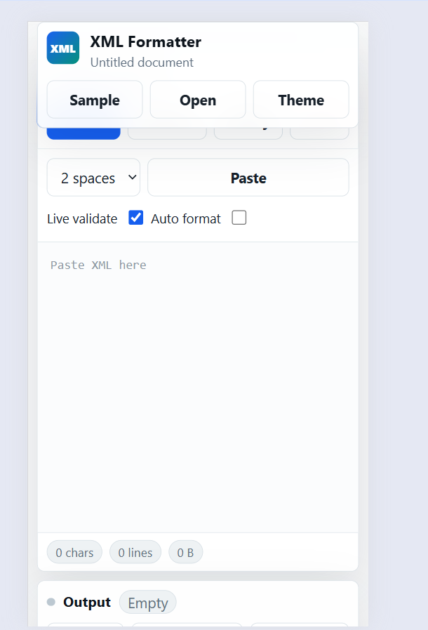 XML Formatter application showing formatted XML code with validation, minify, tree view, and light dark mode options