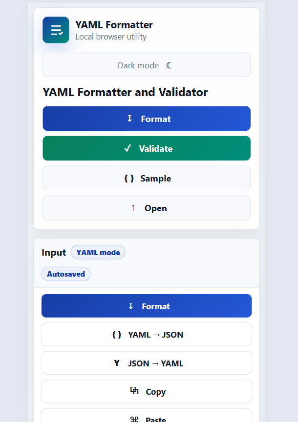 YAML Formatter and Validator tool interface for formatting, validating, and converting YAML files
